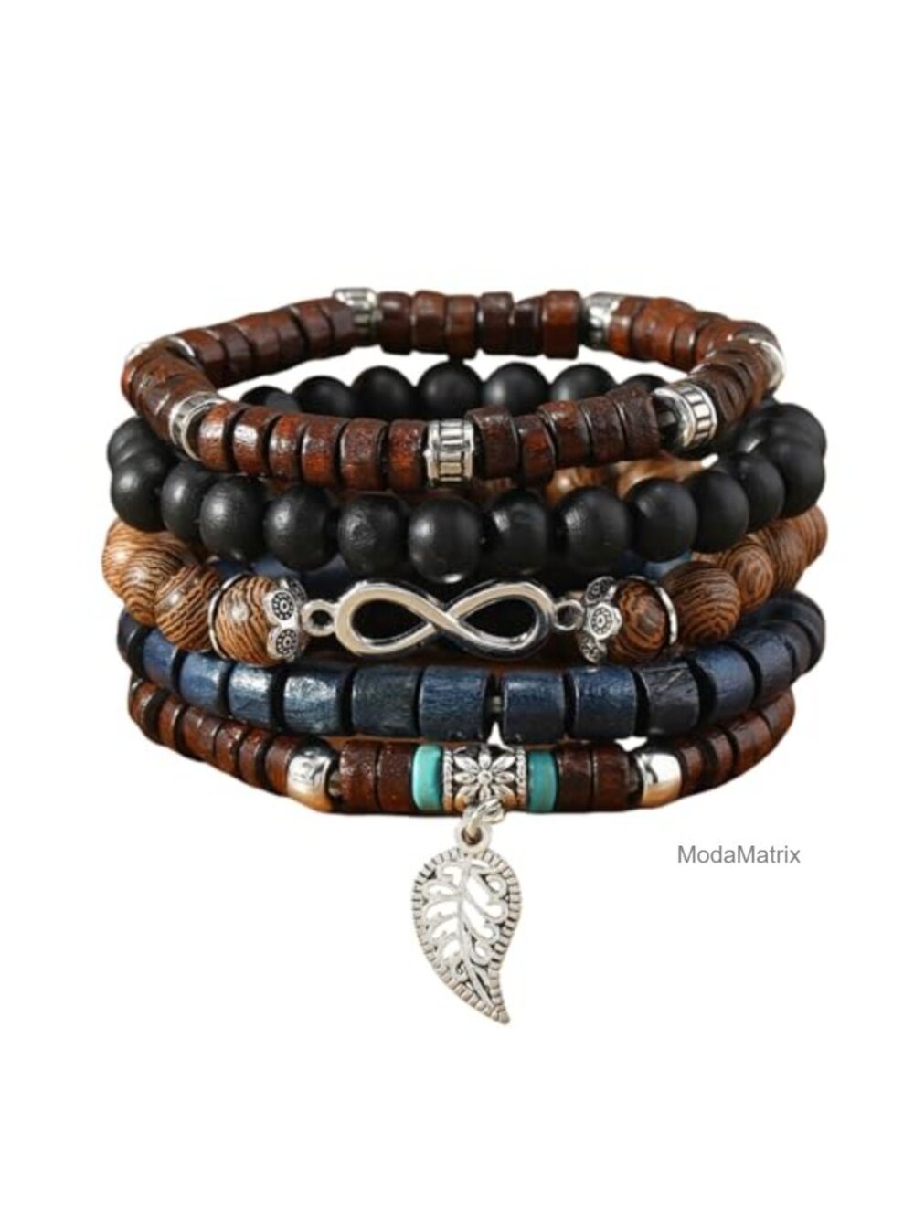 5 Piece Boho Wood Beaded Bracelet Set with Turquoise Feather Charms